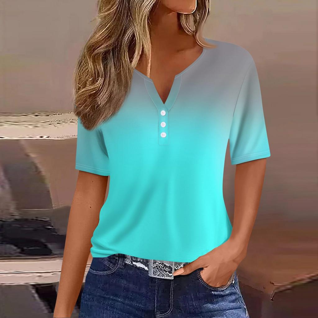 Жен. Футболка Футболка С принтом Пуговицы С короткими рукавами Повседневные Выходные Мода Классический V-образный вырез Обычный Верх
