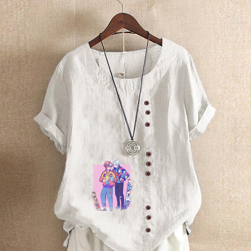 Women's Fashion Round Neck Short Sleeve T-shirt Casual Cotton Linen Graphic Shirt Leisure Loose Boys Prined Summer Blouse Tops