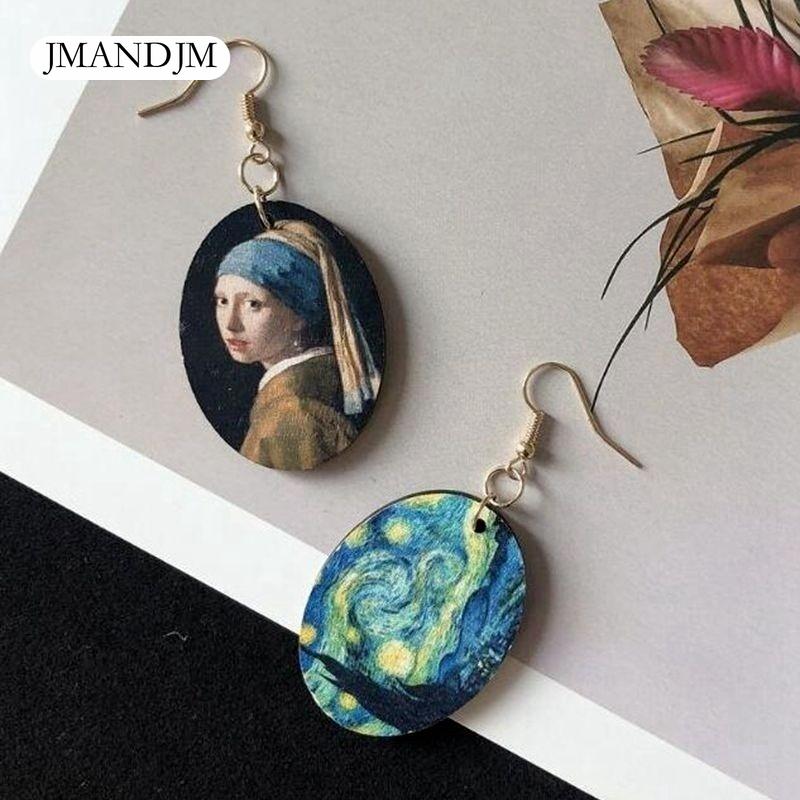 Ретро стиль картины маслом девушка овальные деревянные серьги для женщин