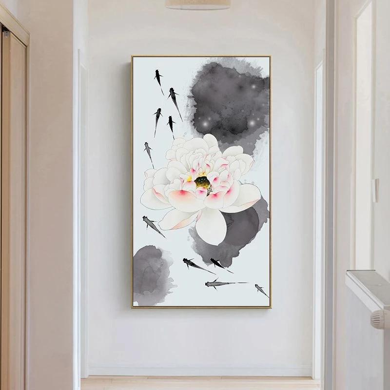 Абстрактная картина в китайском стиле с рыбой кои и лотосом, холст с принтом, плакат, фэн-шуй, настенная художественная картина для гостиной, домашнего офиса, декор