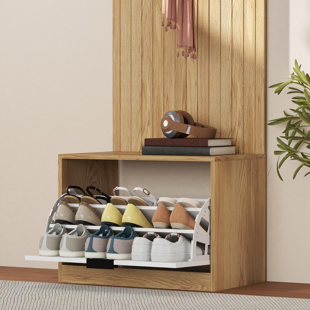 5-in-1 Entryway Furniture, Hallway Coat Rack, Foldable Shoe Bench, Shelf and 4 Hooks, 60x30x170cm, Oak