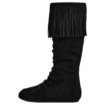 Мода Винтаж Бахрома Декор Замша Шнуровка Круглый Носок Плоские Высокие Сапоги Женские сапоги Черный 13031510-38