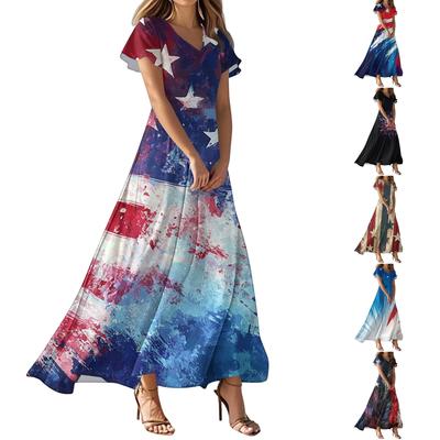 Женские повседневные модные длинные платья с принтом, платья с V-образным вырезом и коротким рукавом
