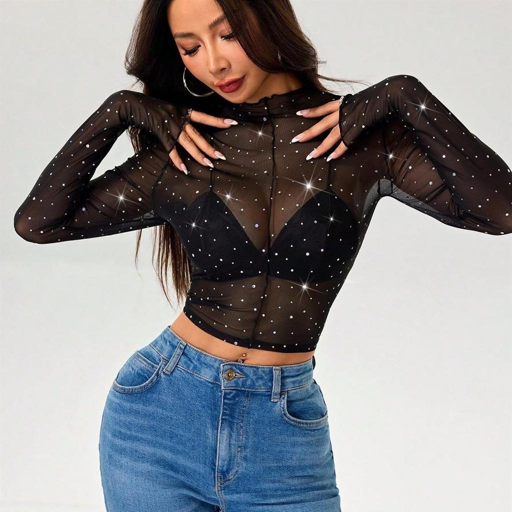 Getrays Прозрачная сетка с блестящим длинным многослойным топом Женская футболка с пайетками, рукавами, тонкая, черная, просвечивающая, стройнящая, стильная,