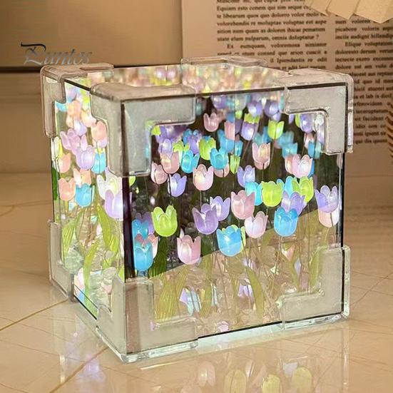 Handmade DIY Tulips Cube Mirror Lamp Soft Glow Easy To Install Romantic Tulips Flower Night Light Desktop Decoration