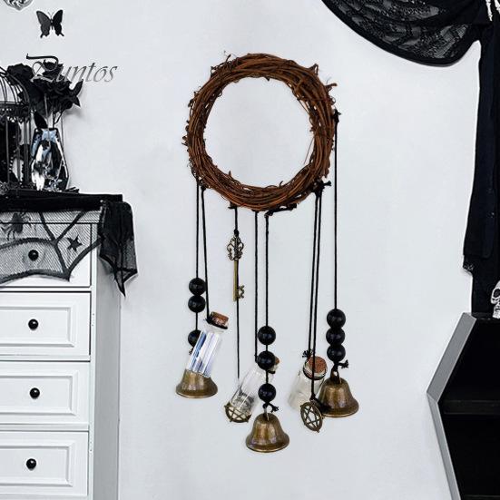 Door Knob Witch Bell Home Protection Handmade Hanging Brass Bell Wishing Bottle Rattan Wreath Witchcraft Door Hanger Wicca Wind Chime Decoration