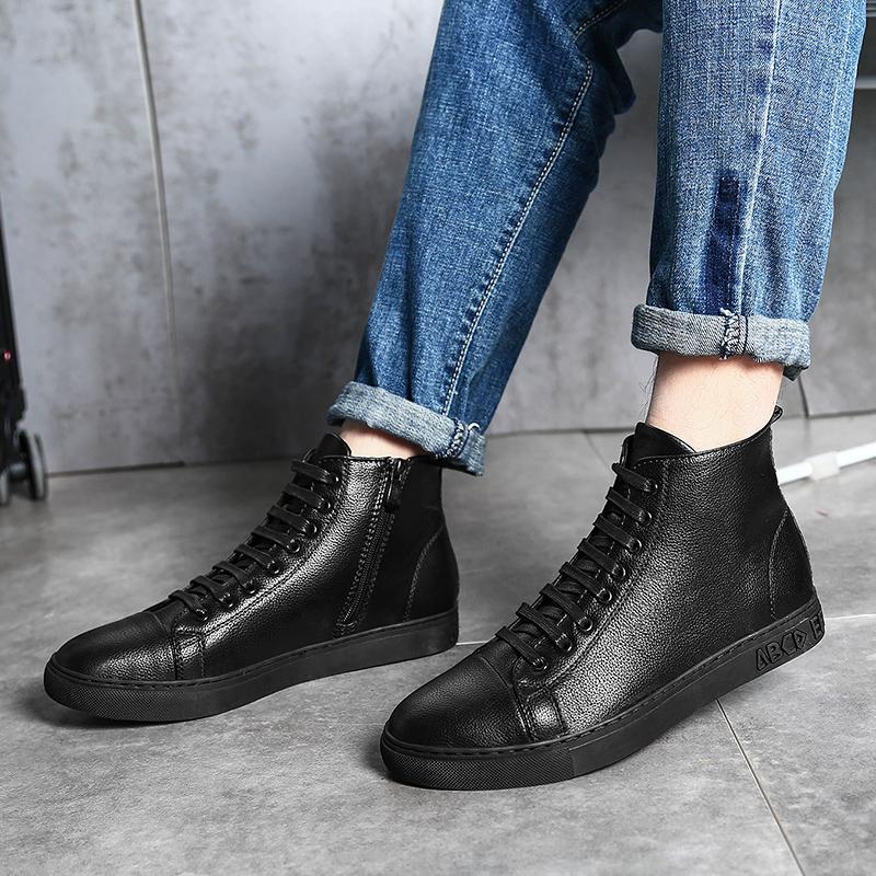 Men Boots Lace Up Winter High Top Leather Cotton Shoes Fashion Ankle Boots Business Casual Outdoor Fur Warm Shoes Male Sneakers