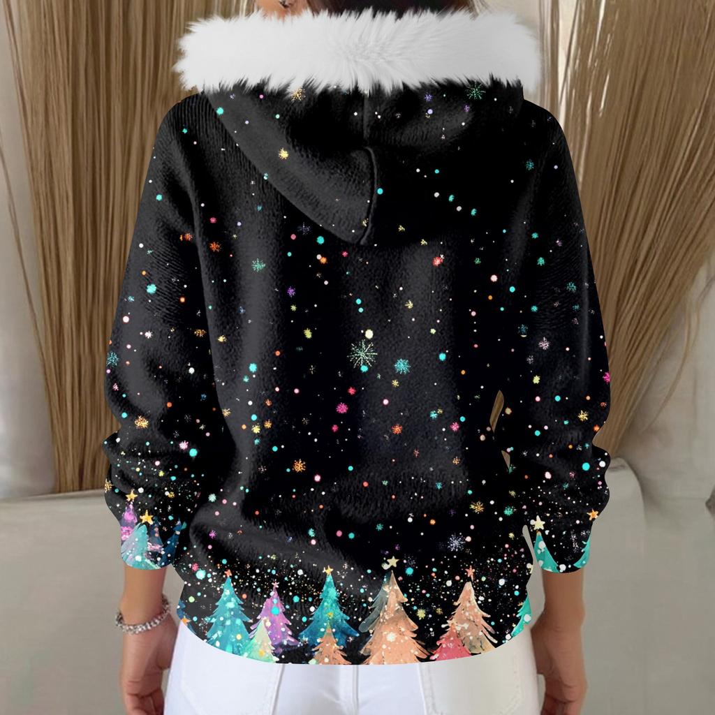 Women's Fashion Casual Sweater Zipper Print Cardigan Plush Hooded Jacket