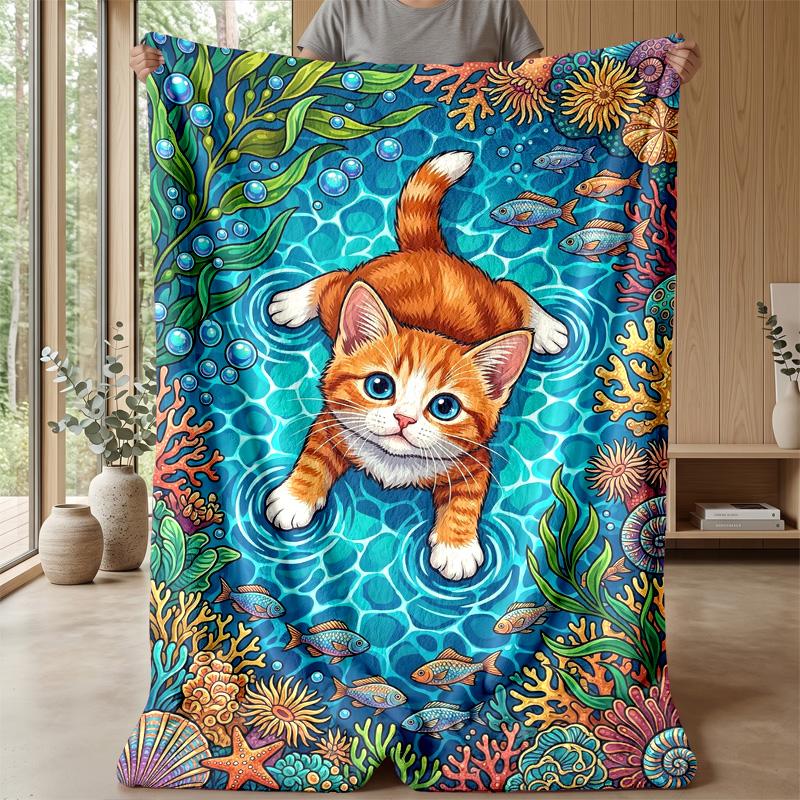 Underwater Cat and Fishes Theme blanket Lightweight Warm Flannel Blanket Decorative Throw Blanket for Home Decoration