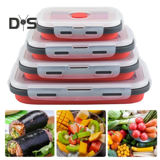 4Pcs Collapsible Food Storage Container With Lids Flat Stackable Refrigerator Food Box Set Silicone Food Sealed Crisper Lunch Bento Box For