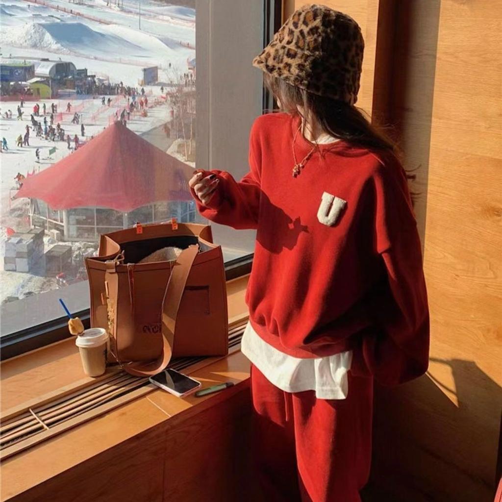 Plus Velvet Thickened Casual Fashion Sports Suit Women's Autumn and Winter Loose Sweater Trousers Two-piece Suit