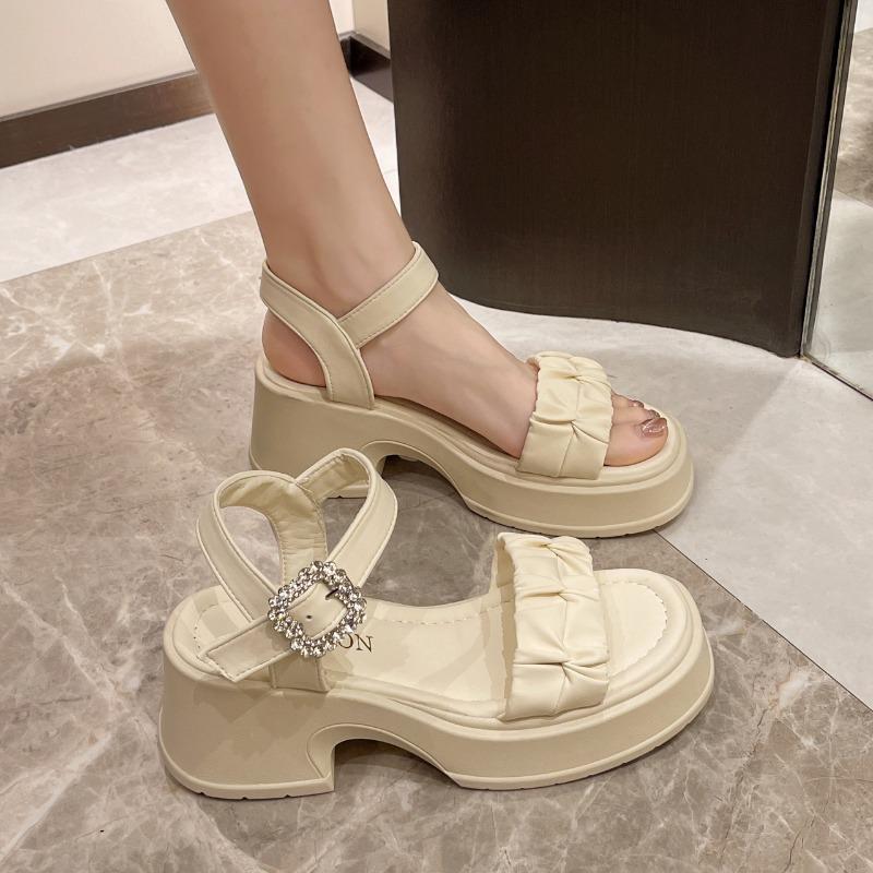 Fashion 2024 Summer New Round Toe Open Toe Solid Color Water Diamond Buckle Thick Sole Sexy Comfortable Sandals for External Wearing
