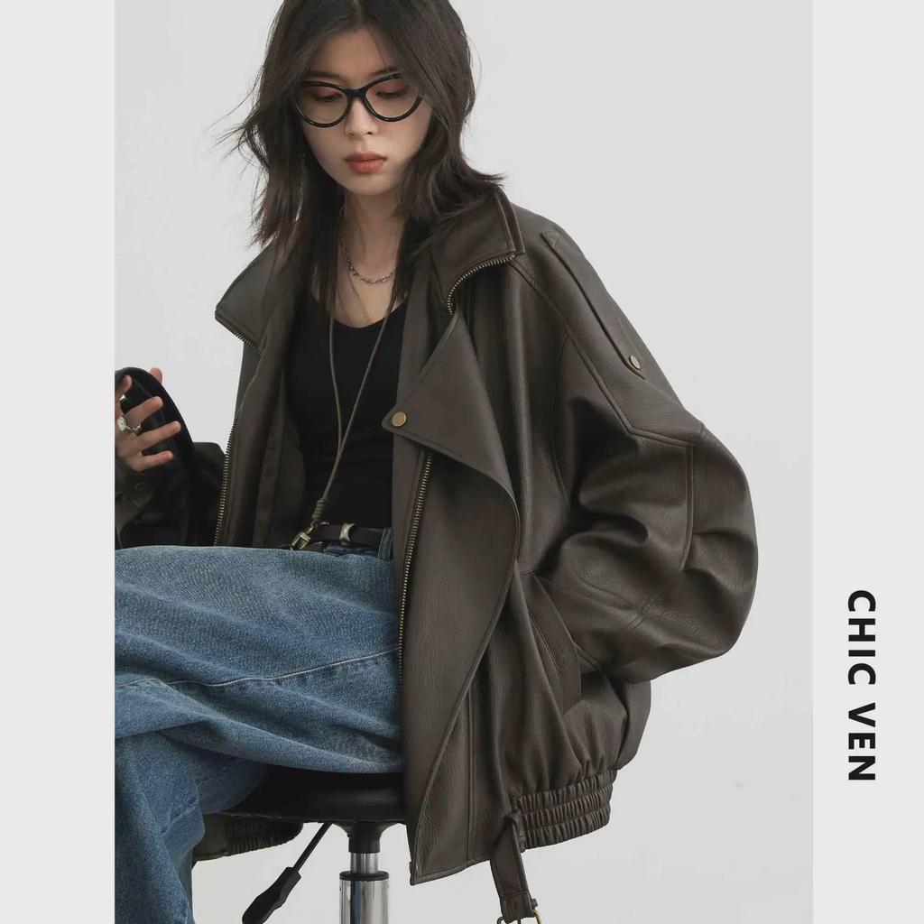Мотоциклетная куртка CHICVEN из искусственной кожи с воротником-стойкой в стиле ретро "Roaming in Autumn"