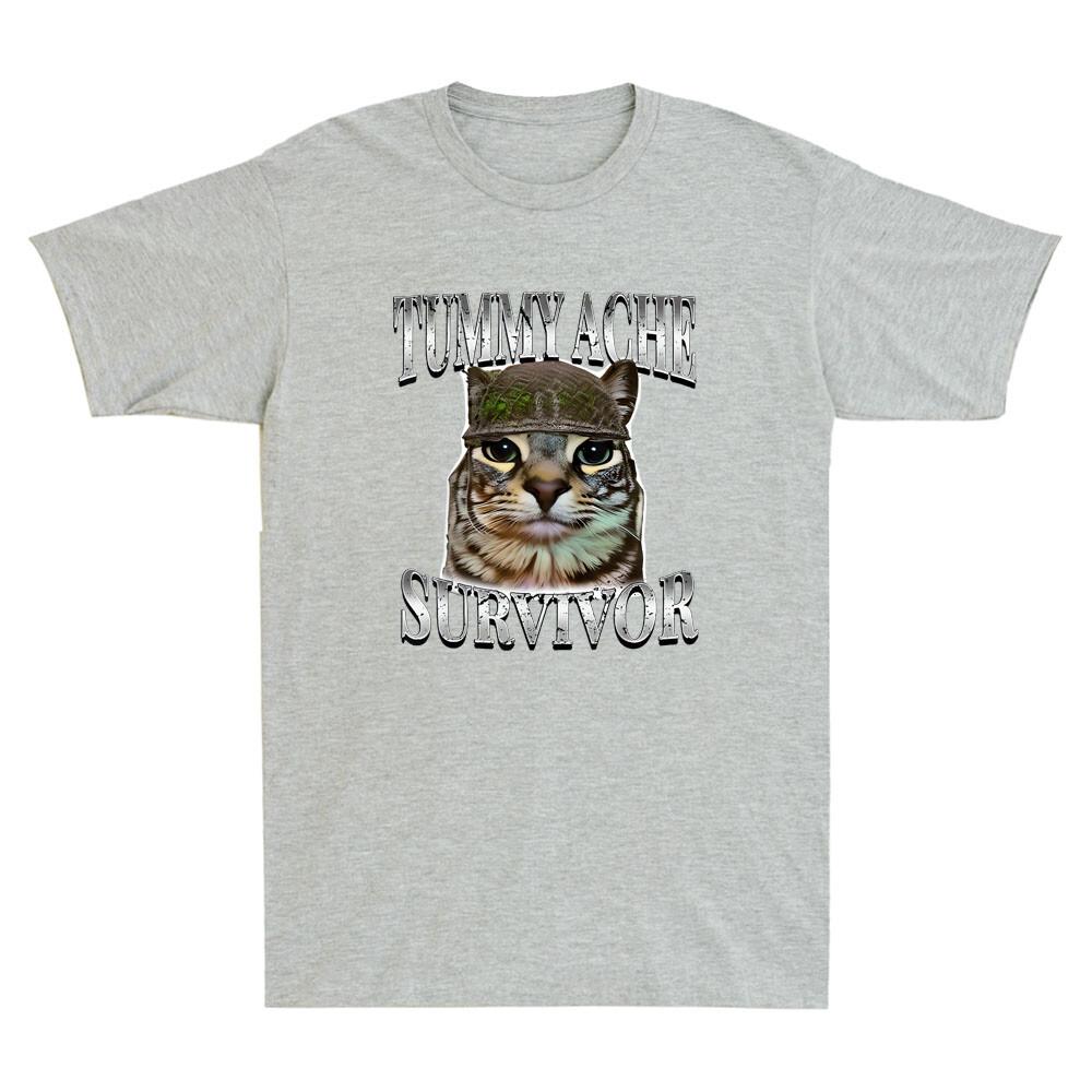 Tummy Ache Survivor Funny Cat Meme Humor Saying Cats Animals Retro Unisexs Tshirt