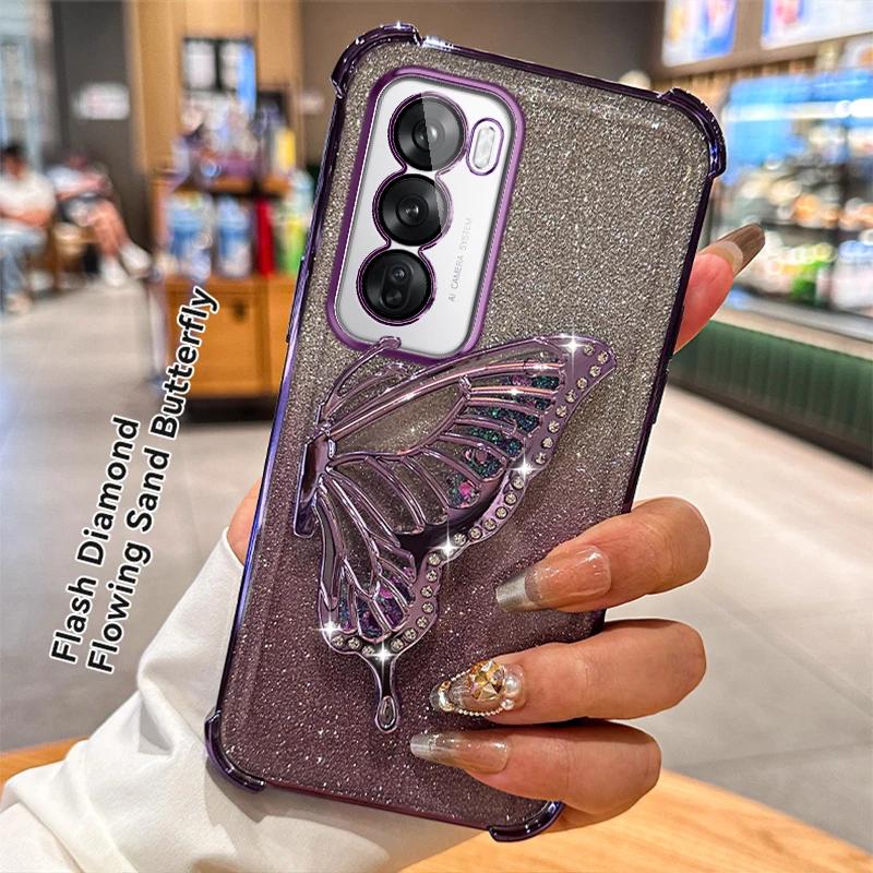 Glitter Shockproof Plating Quicksand Butterfly Phone Holder Case for OPPO Reno 14 14F 13 13F 12 12F 11 11F 10 Pro Silicone Cover