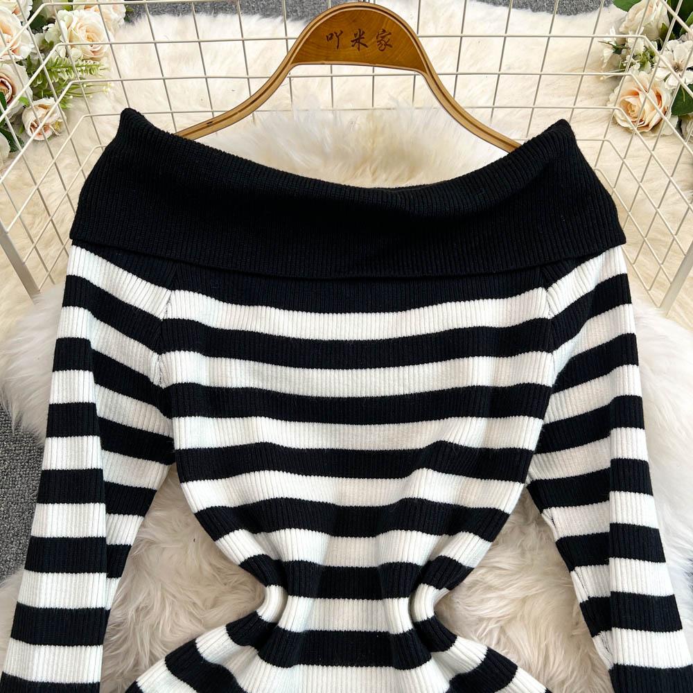 Платье-футляр с открытыми плечами Falda Sexy Mujer Slash Neck Striped Color Block Slim Knitted Bodycon Dress Autumn Wrapped Dresses ChicDresses