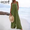 Summer Jumpsuit Fashion Ethnic Style Button Solid Color Women's Jumpsuit