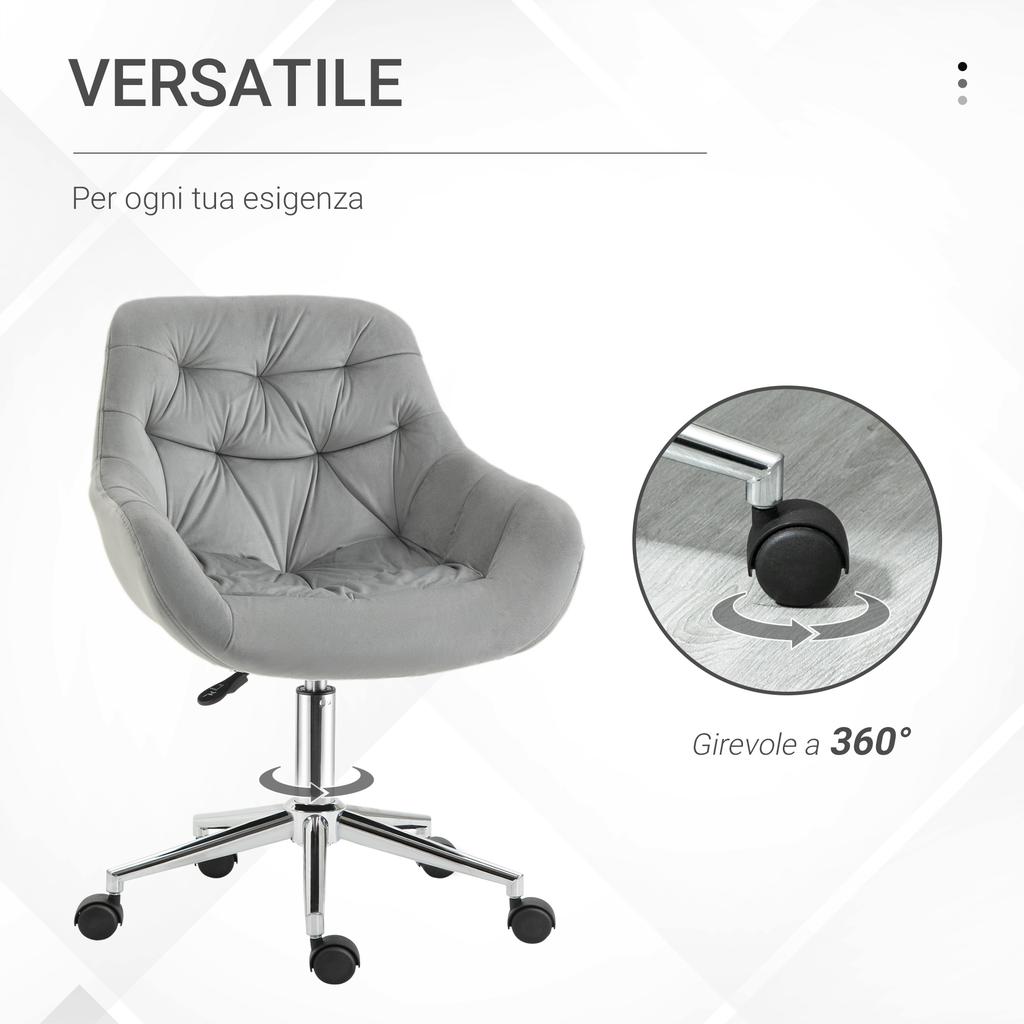 Ergonomic Swivel Office Chair with Adjustable Height and Wheels, Velvet Covering, 59x58x80-90cm, Grey
