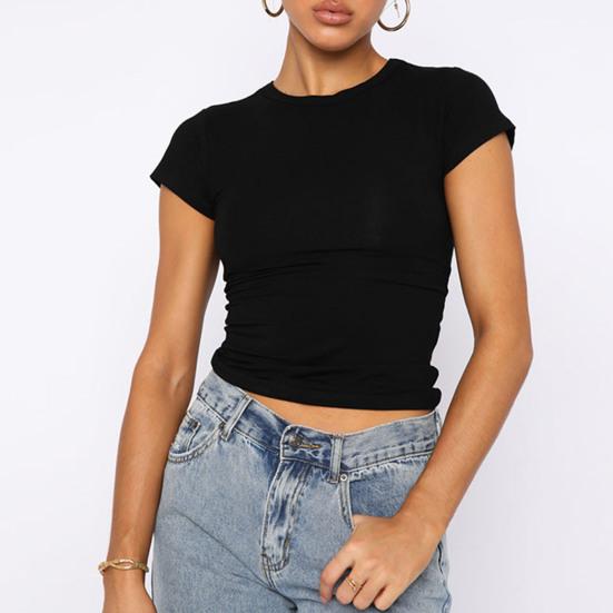 Women Tee Shirt Round Neck Short Sleeve Pullover Tops Slim Fit Solid Color T-shirt Streetwear