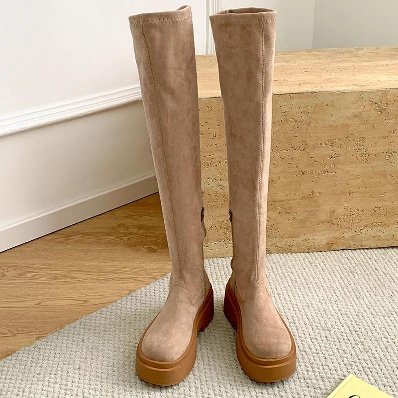 Women Over The Knee High Boots Fashion Slip On Stretch Long Booties Autumn Winter Platfrom Flats Ladies Shoes