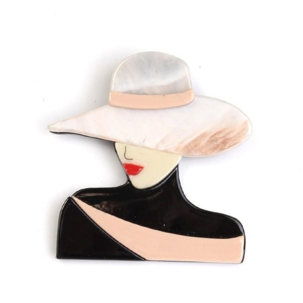 Cartoon Women Portrait Pin Large Modern Girls Badge Lady with Hat Brooch Clothing Accessories