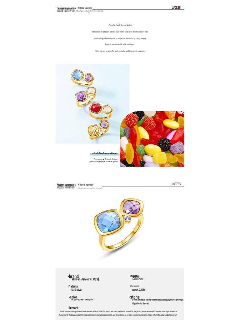 European-American Cross-border Zircon Ring: Women's S925 Sterling Silver, Two-Tone Candy Design, Light Luxury, Colored Zircon, Index Finger Ring