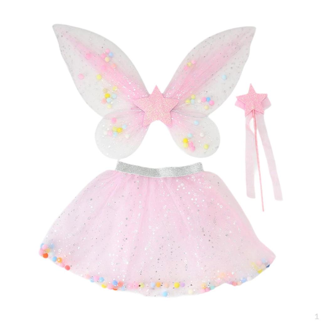 3 Pieces Fairy Wings Tutu Skirt and Stick Set for Girls Holidays Princess Cosplay