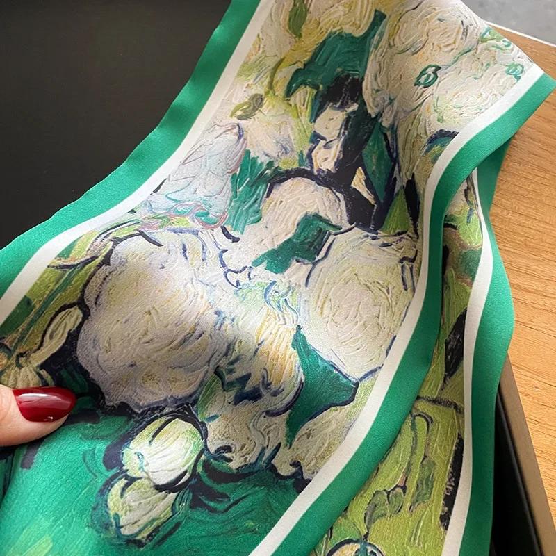 New Oil Painting Hair Ribbon Scarf For Women Silk Scrunchies Hair Bands Neck Tie Skinny Bag Scarfs Bandana Accessories Headware