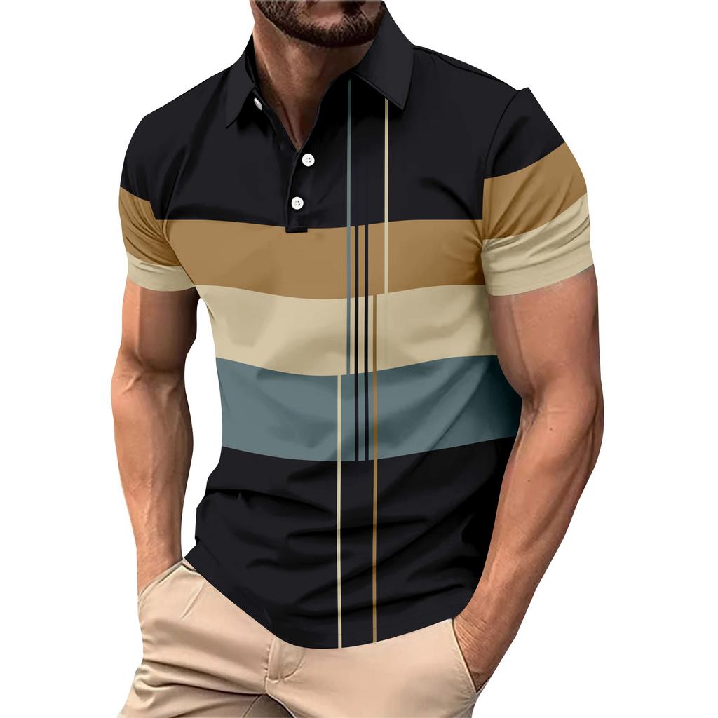 Striped Color Blocking Print - Men's Casual Short Sleeved T-shirt