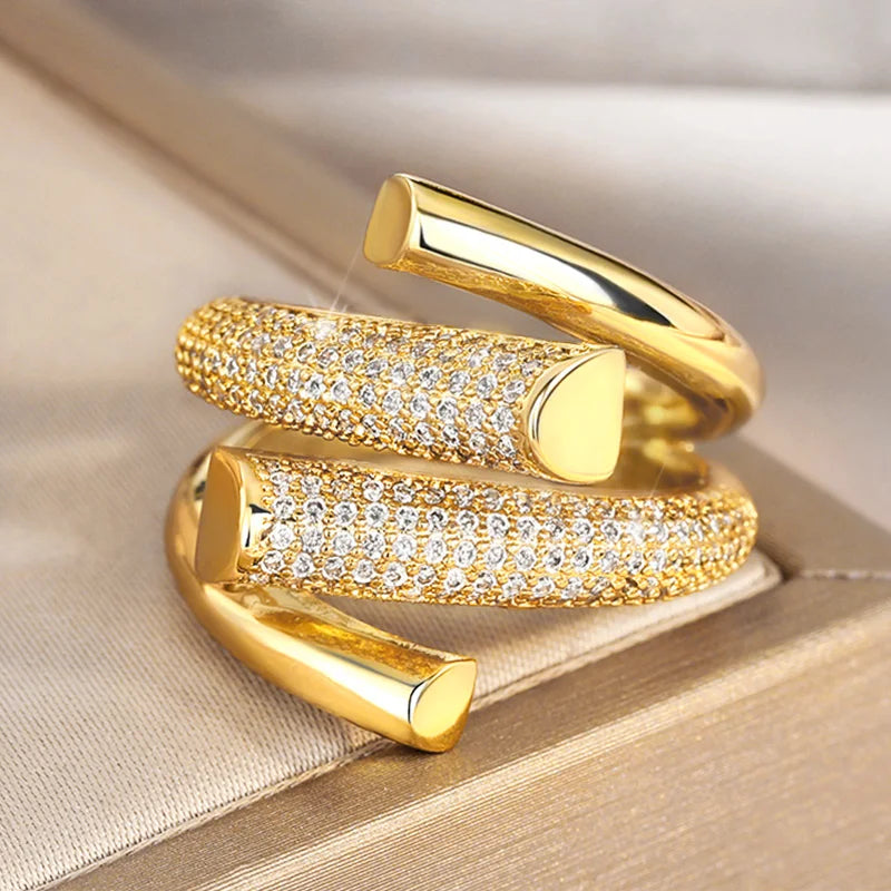 Huitan Hyperbole Geometric Shape Gold Ring for Women - Luxury CZ Sparkling Ring for Daily Wear & Parties