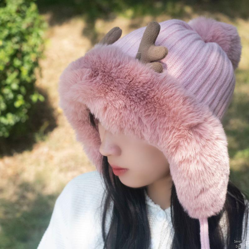 Рождественская шапка с ушками и рогами в корейском стиле, вязаная, с защитой ушей, осенне-зимняя шапка-ушанка с помпоном из плюша Лей Фэн