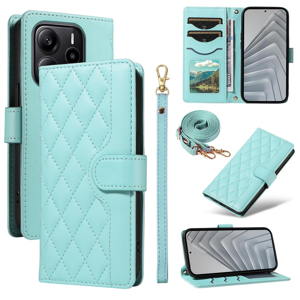 For Xiaomi Redmi Note 14 4G (164.84x78.15x8.16mm) Wallet Case Rhombus Leather Phone Cover with Strap