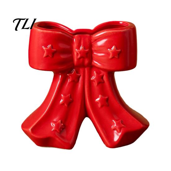 Delicate Desktop Decoration Ceramic Bow Vase with Star, Decorative Flowers Vase, Creative Flower Dried Holder Arrangement for Living Room Table