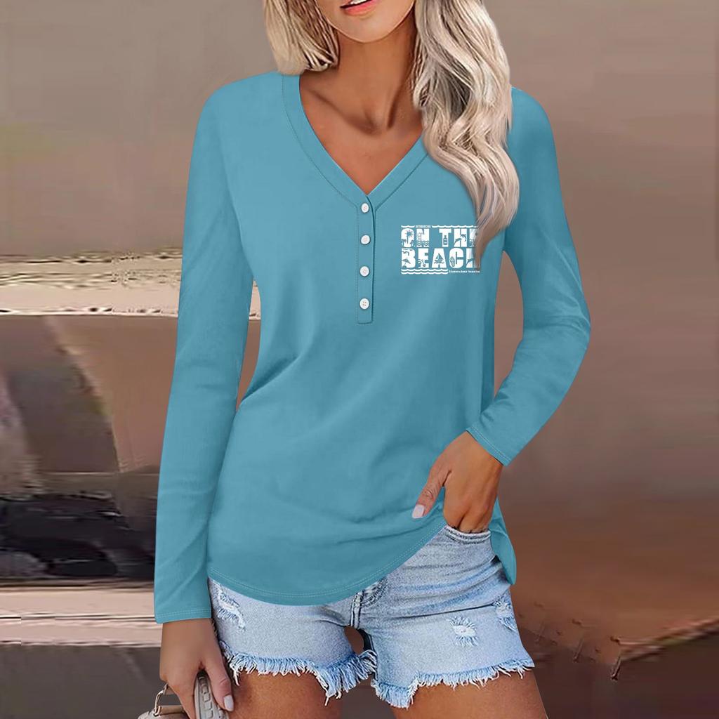 Женская повседневная мода сексуальный удобный пляжный стиль повседневный принт V-образный вырез пуговицы длинный рукав