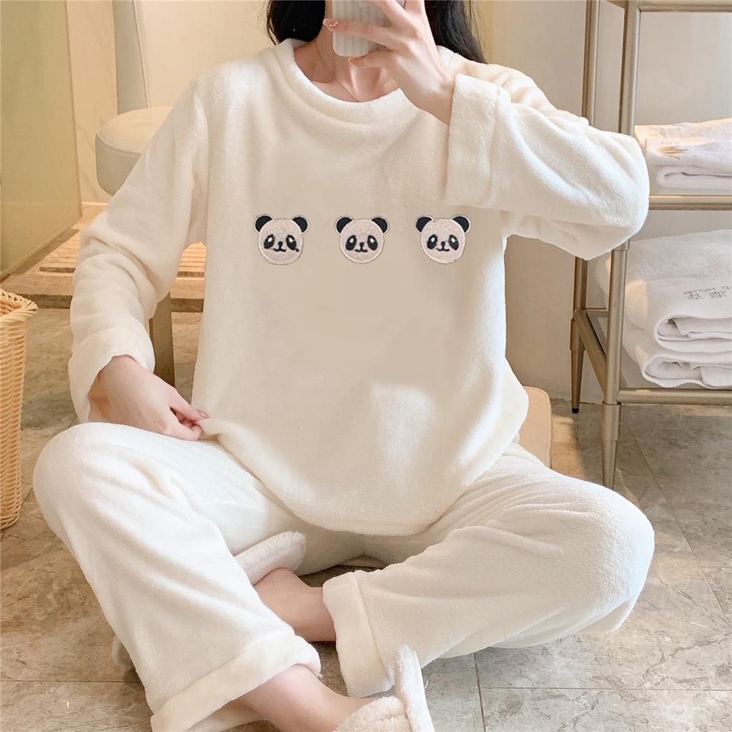Winter Flannel Warm Pajamas for Wome Thickening Round Neck Long Sleeve Outfits for Women 2 Piece Set Cute Printing Home Wear