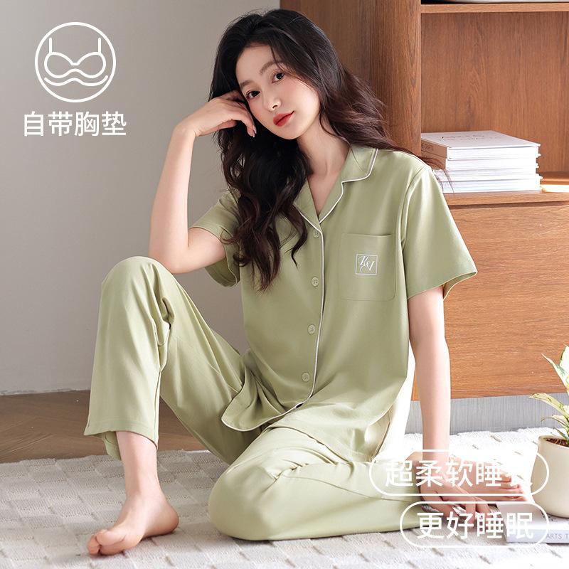 Pure cotton pajamas women's summer short-sleeved trousers with chest pads 1011 new cardigan can be worn outside loungewear two-piece set