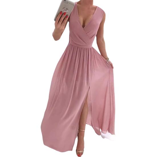 Женское вечернее платье с V-образным вырезом без рукавов, плиссированное подол с разрезом, тонкая талия, длина до пола, сплошной цвет, свадебное коктейльное платье для выпускного вечера, макси-платье