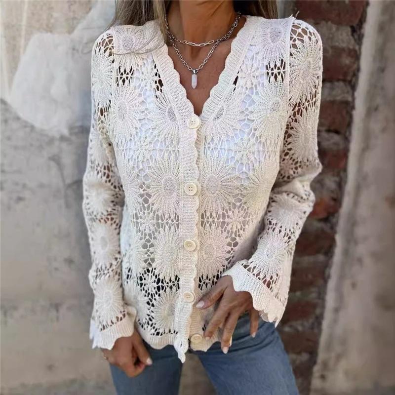 Summer New Style Ladies Blouse Shirt European And American Women's Sexy Lace Hollow Lace V Neck Long Sleeved Blouse