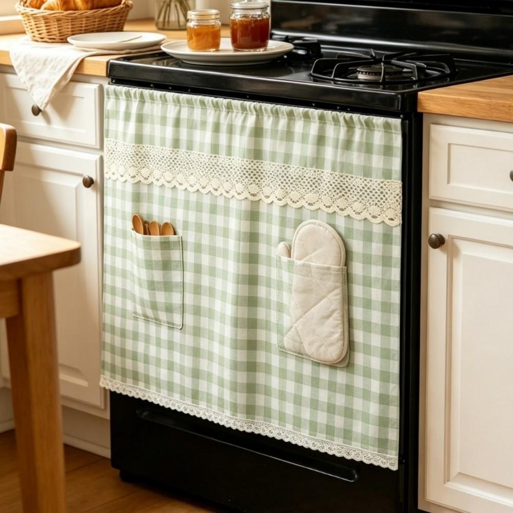 Pastoral Style Farmhouse Oven Cover Checkered Stove Cover Skirt Handmade Hidden Curtain Dishwasher