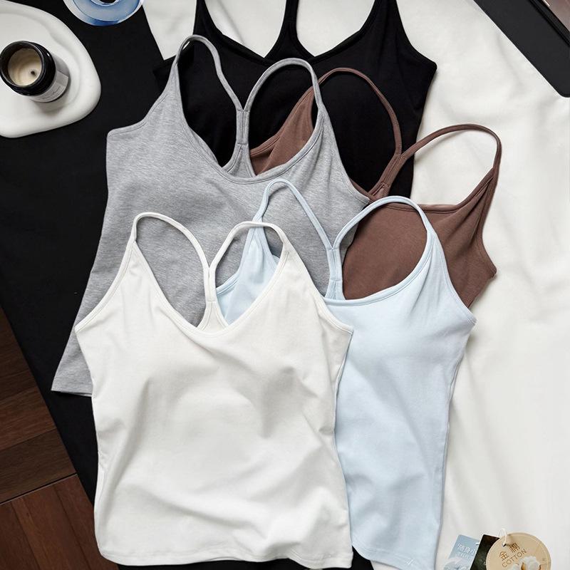 Simple solid color with chest pad, beautiful back, thin belt vest, U-neck outer wear, thin, slim and comfortable inner top P