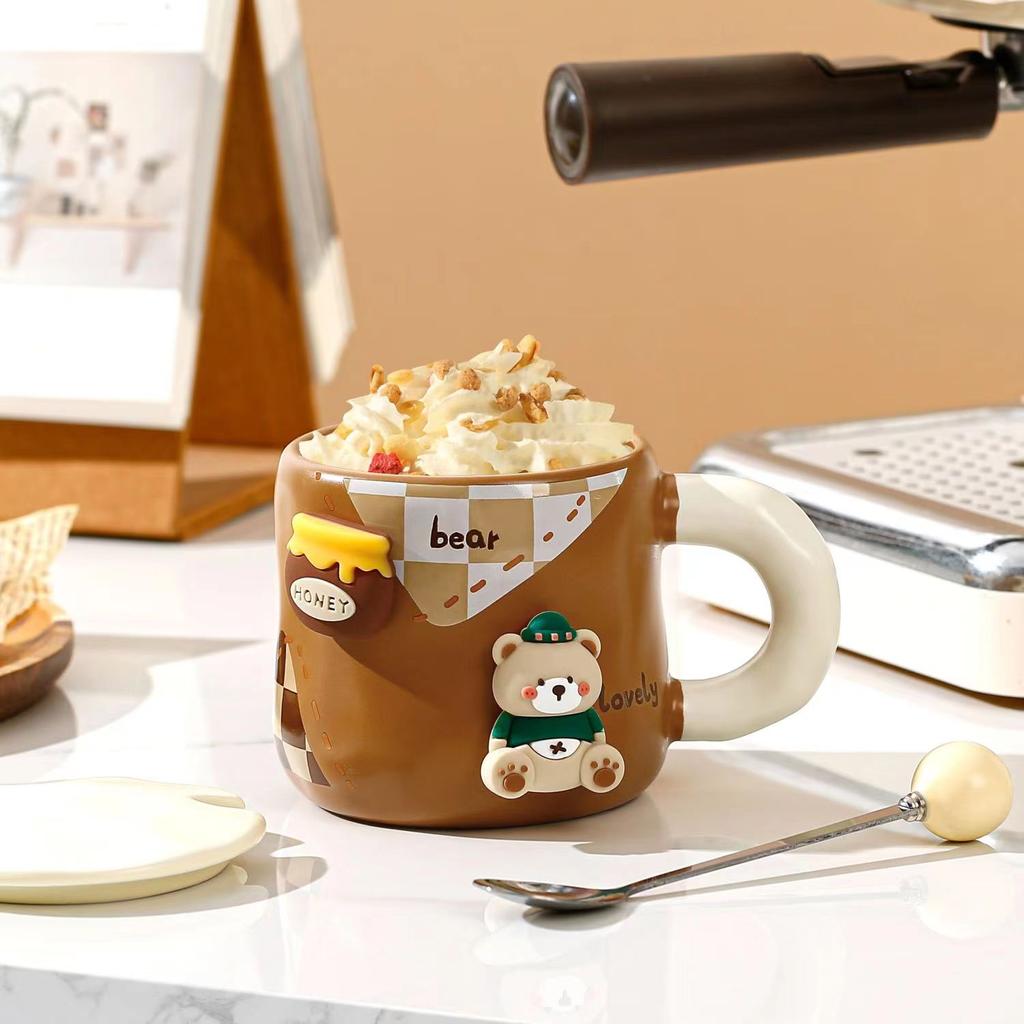 Кружка Honey Bear из утолщенной керамики с крышкой и ложкой, кофейная чашка, 3D магнитная съемная адсорбционная вешалка, посуда для питья