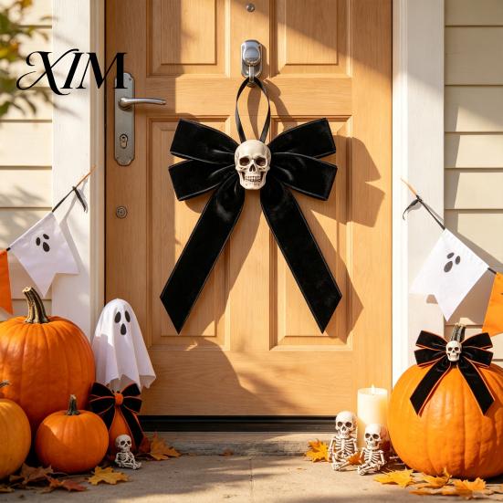 Halloween Tree Hanging Decor Velvet Bows with Skull Ornaments for Decoration, Black Ornament Gothic Flannel Bow Pendant Home Holiday Party Vintage