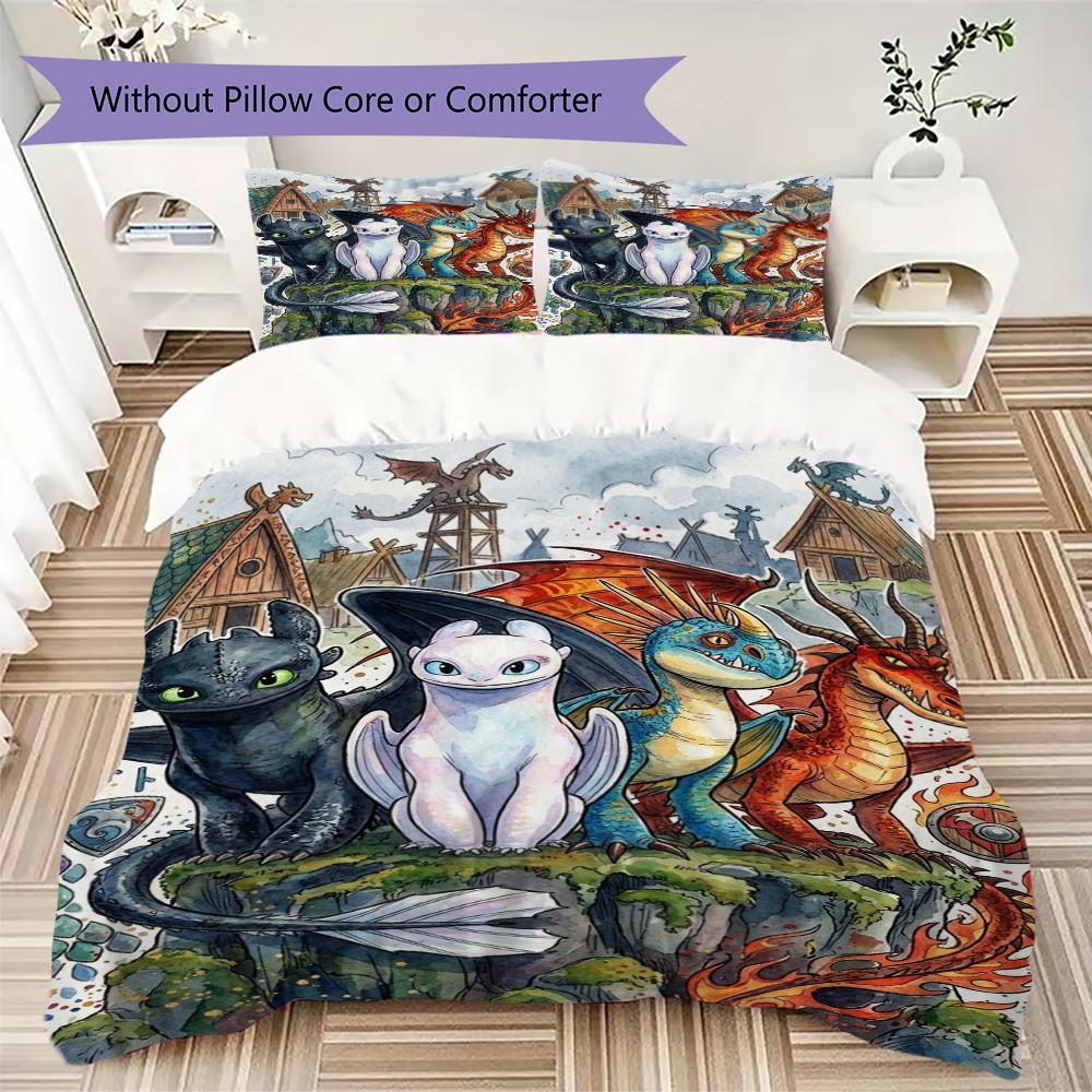 How to Train Your Dragon Pattern Bedding uilt Set uilt Cover Pillowcase Home Decoration Birthday Gift (1 * duvet cover + 2 * pillowcase without core)