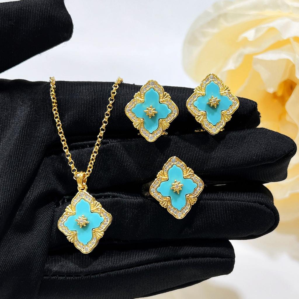 Винтажный комплект розовых роз Court Bratti, браслет из четырехлистного клевера, ожерелье из камня Tianhe, кольцо, серьги-гвоздики