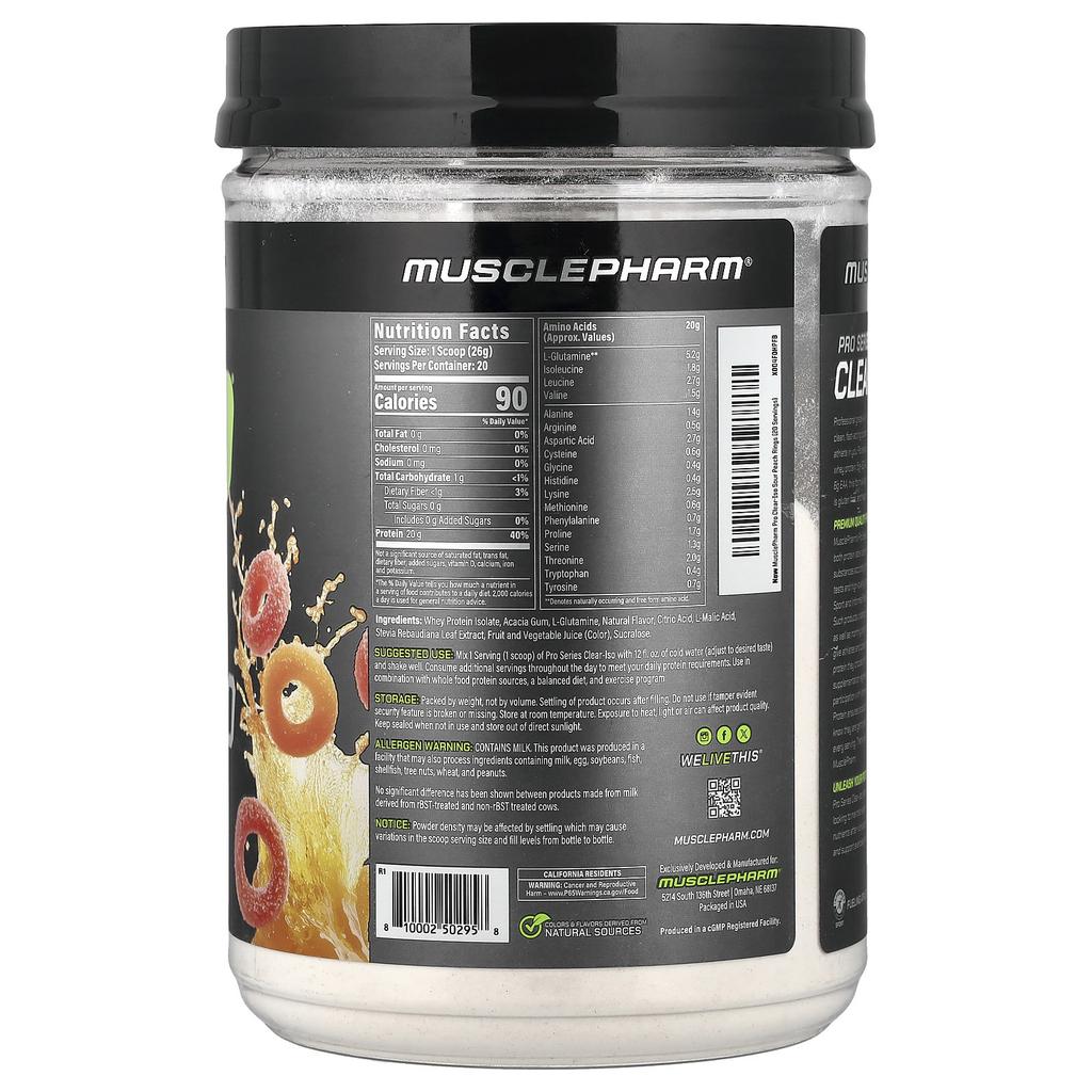 MusclePharm Pro Series Clear-ISO, Protein Powder Drink Mix, Sour Peach Rings, 520 Mg (1.14 Lbs)