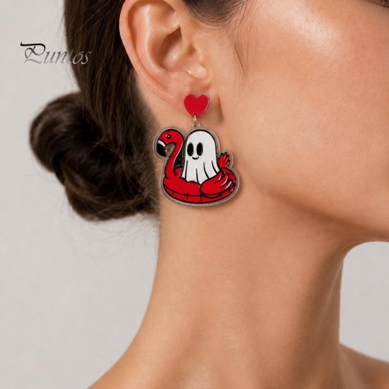 Flamingo Swimming Ring Jewelry 1 Pair Summer Halloween Ghost Earrings for Women, Cute Quirky Gifts Pool Float Dangle Drop Earrings, 2D Acrylic Holiday