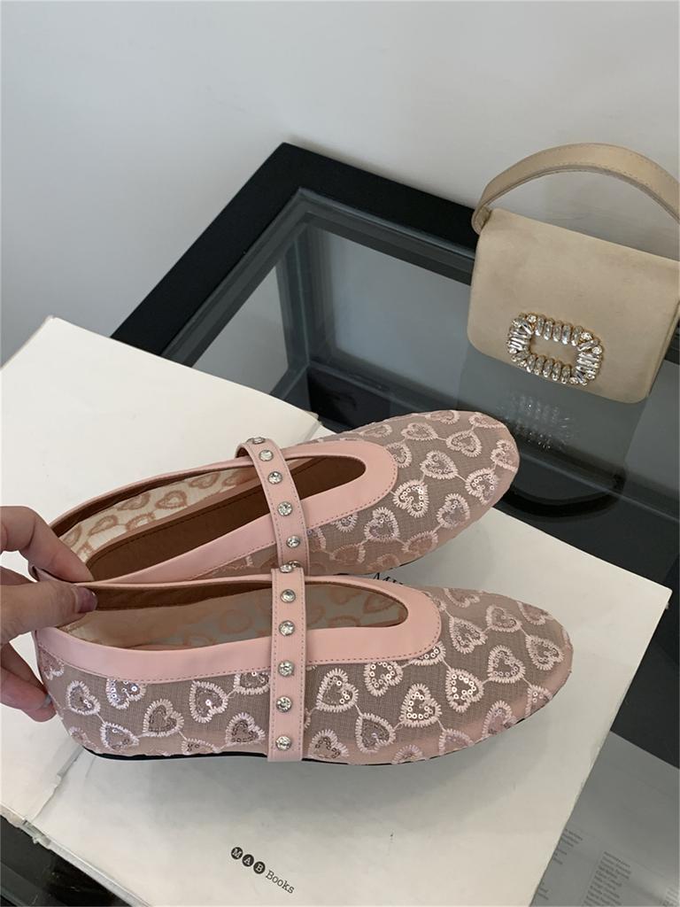 Модная женская обувь 2025 Лето Новинка Сетчатая дышащая Металлическая отделка Балетки Удобная мягкая подошва Круглый носок Модные туфли Мэри Джейн