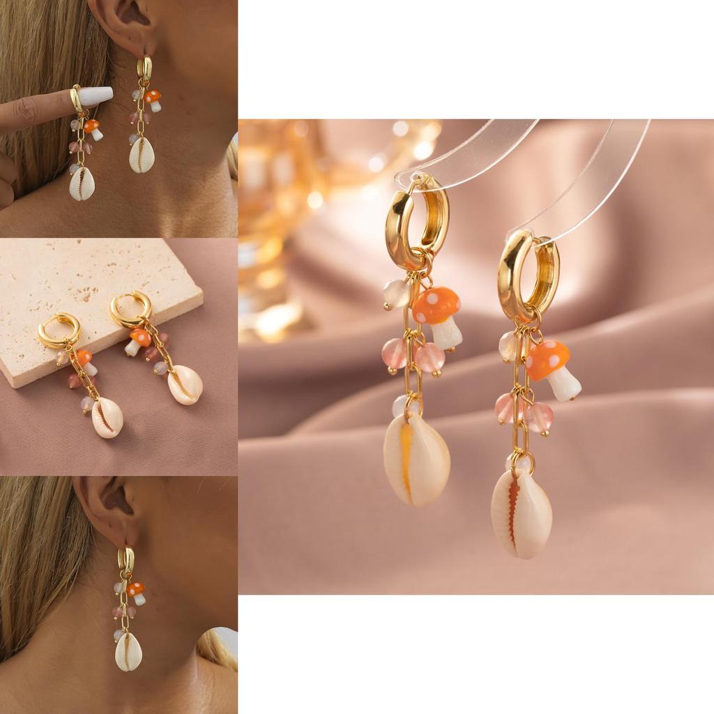 Elegant Geometric Gold-plated Copper Shell Mushroom Pendant Earrings For Women