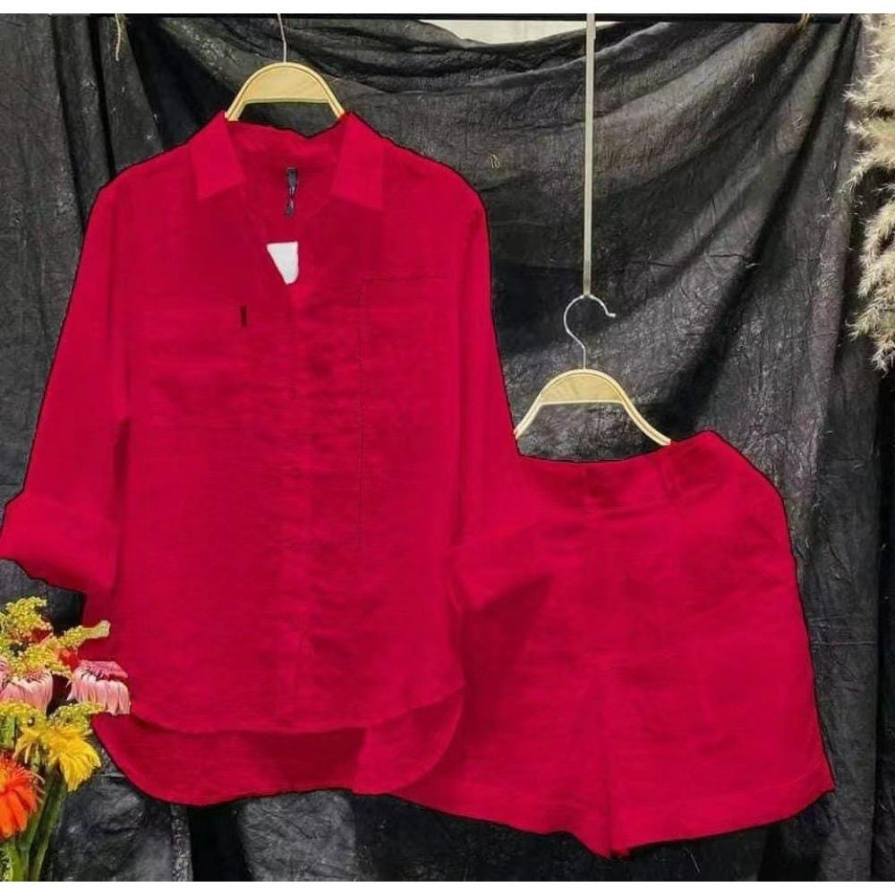 Рубашка с длинным рукавом и шорты, комплект из двух предметов, женский летний повседневный домашний комплект из 2 предметов из хлопка и льна для женщин