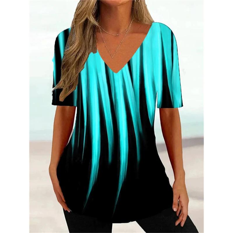 Plus Size Simple Women's T-shirt 3d Wave Curve Tee Fashion V-neck Summer Short Sleeve Loose Streetwear Female Clothes Casual Tshirt Ladies